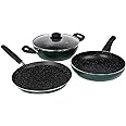 Prestige Omega Deluxe Non-Stick Cookware 3 Pc Set | PFOA Free 5-Layer Coating | Omni Tawa 25 cm | Fry Pan 24 cm | Kadai with Glass Lid 24 cm | Moss Green | Dishwasher Safe
