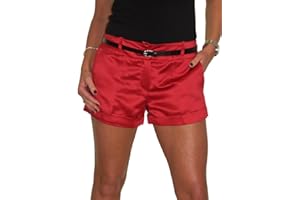 icecoolfashion Women's Smart Sexy Hot Pants Ladies Tailored Low Waist Belted Stretch Shiny Satin Shorts with Pockets Party Evening Day Sizes 8-16
