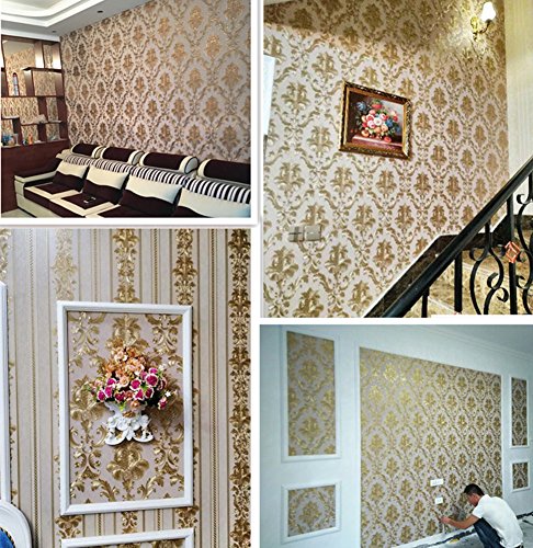 Kaluori 32,8 Ft x1.738ft Luxus Metallic Gold und Creme Strukturierte Damast Tapete Home Raum Wand Papier Rollen für Wohnzimmer, Schlafzimmer, Bars - 6