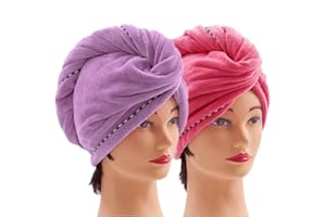CAIHONG Mikrofaser Haarturban - Super Saugfähiger 2 Stück Turban Mit Knopf, Kopftuch Handtuch für Lange Haar, Schnelltrocknend (Lila, Rot)