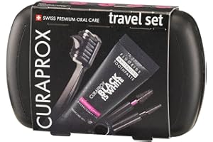 Curaprox Set De Cepillos De Dientes De Viaje | Para Blanquear Tus Dientes Dondequiera Que Estés | Edición Black is White | Incluye Pasta De Dientes, Cepillo De Dientes Y Cepillos Interdentales