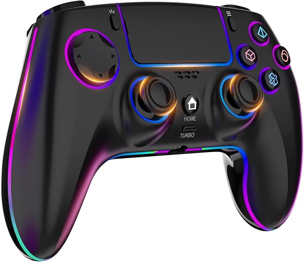 MYSTILUCK Manette sans fil pour PS4/PS3/Pro/PC/MAC/iOS/Android/Steam Deck, Gamepad avec éclairage RGB 7 Couleur/Joystick Effect Hall/Double Vibration/Turbo/Pavé Tactile/Prise Casque/Batterie 1500mAh - 1