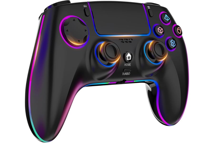 MYSTILUCK Controller Wireless per PS4/PS3/Pro/PC/MAC/iOS/Android/Steam Deck, Controllore con illuminazione RGB 7 Colori/Joystick Effect Hall/Doppia Vibrazione/Turbo/Jack Cuffie/Batteria 1500 mAh