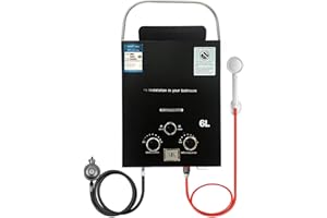 OAMGER 6L Chauffe Eau Gaz, 12KW Chauffe eau Instantané, Chauffe eau Camping Car, Chauffe Eau Portable pour Propane(28-30mbar)/Butane(37-50mbar), pour Camping, RV Voyage, Hiver et Été (Noir)
