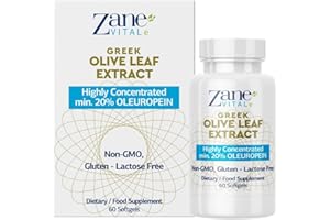 ZANE VITALE Zane Greek Olive Leaf Extract - min. 20% Oleuropein - Provides Immune and Healthy Blood Pressure Support, Promotes Cardiovascular System Health - 60 Capsules Non-GMO, Gluten - Lactose – Paraben Free