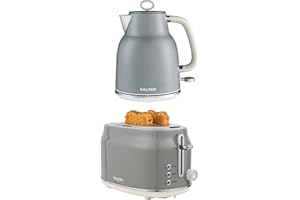 Salter Retro Grey Kettle & Toaster Set – 1.7L 3KW Rapid Boil Cordless Kettle with Boil Dry Protection & Auto Shut-Off, 815W 2-Slice Wide Slot Toaster with 6 Browning Levels & Defrost/Reheat/Cancel