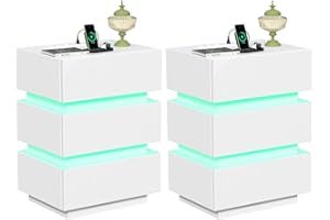 Lvhecforhm Nachttisch mit LED-Beleuchtung, Set of 2, Weiß Nachttische Hochglanz Front, Nachttisch mit 3 Schubladen, 2 AC-Steckdosen, 2 USB-Anschlüsse, Nachtschrank für Wohnzimmer, Nachttisch Hängend