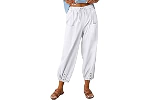ASKSA Damskie Spodnie Długości 7/8 Szerokie Nogawki Rekreacyjne Lekkie Letnie Luźny Lniane Kieszeniami