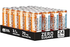 Optimum Nutrition Essential Amino Energy + Electrolytes, Ready To Drink Sugar Free EAA Energy Drink with Electrolytes and Caffeine, Workout Supplement for Men and Women, Orange, 24x250 ml