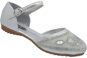 SHOEWORLD Girls Flat Diamante Sandals for Kids Party Wedding Flower Girl Court Shoes