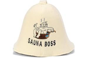 ‎NATURAL TEXTILE Natural Textile Saunahut 'Sauna Boss Bucket' White - 100% organische Wollfilzmützen - Schützen Sie Ihren Kopf vor Hitze - Englische Sauna E-Book Handbuch inklusiv - mit Stickerei