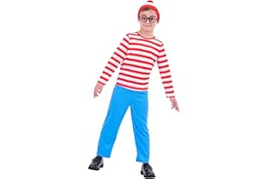 CosExpress Wheres Wally Costume Kids World Book Day Costumes for Boys, Wheres Wally Fancy Dress Kids with Red and White Striped T shirt,Wheres Wally Hat and Glasses, Book Character Costumes for Boys