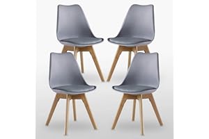 P&N Homewares® Lorenzo Tulip Chair Plastic Wood Retro Dining Chairs White Black Grey Red Yellow Pink Green Blue (SET OF 4) (GREY)