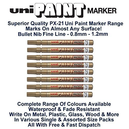 Uni Colour Fine (0.8-1.2mm) PX-21 Gold Oil Paint Marker Pen Metal Glass Wood Plastic Stone Outdoor mm Metal Bullet Nib Tip (Pack Of 6)