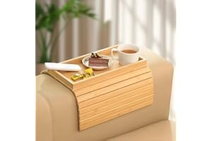 SHULLTJI Sofa Arm Tray Table, Bamboo Sofa Table Tray, Sofa Tray with Anti-Slip Fabric Backing, Adjustable Sofa Support, Sofa Side Table for Remote Control, Drink, Snacks, Magazine