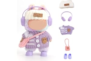 FIDWALL Doll Clothes for Labubu,5-Piece Outfit Set for 17cm Dolls,Handcrafted Crochet Clothing with Knitted Headband,Headphones,Shoulder Bag & Shoes,Lovely Doll Accessories (No Doll) (Lavender Purple)