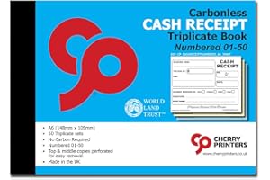 CHERRY PRINTERS Cherry Carbonless (NCR) Cash Receipt Book Triplicate A6 50 Sets Numbered 1-50 Perfect for The Self Employed and Taxis