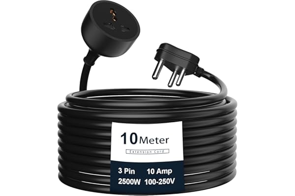Hoteon Extension Board with 10 Meters Heavy Duty Long Wire Cord, Single Outlet Socket 2500W 10A Expandable Electric Extension, 3 Pins Extension Cord for Indoor Outdoor Use (10M/ Black)-1PCS
