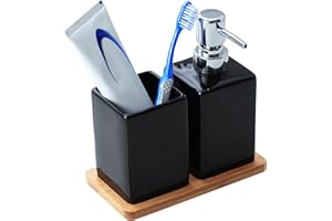 Nuscen black soap dispensers, 3 in 1 Bathroom Set, Soap Dispenser, Ceramics Toothbrush Holder & Bamboo Tray, Ceramic Material, for bathroom, Washbasin, Sink, Bathtub, Reusable Shampoo, Body Wash