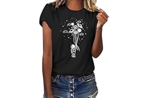 Yuson Girl Magliette Donna Manica Corta Amore/Pianeta Astronauta T-Shirt Cotone Maglietta Elegante Donna Casual Stretch Sciolto Top Magliette Estive con Girocollo Blusa Taglie Forti