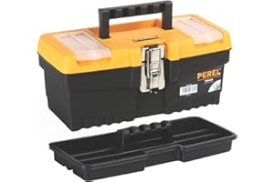 Perel Skrzynka narzędziowa, polipropylen, z wyjmowaną tacą, 2 organizery w pokrywie, składany uchwyt i metalowy zatrzask, czarno-pomarańczowy, 320 x 155 x 139 mm