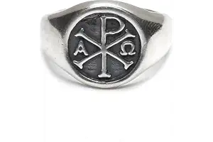 Anillo de plata de ley genuina Chi Rho Alpha Omega con sello sólido 925 (22)