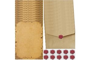VYZUTR L'ensemble de Papeterie Vintage Papier, Enveloppe Papier à Lettre Ancienne, 10 Enveloppes de Papier, 16 Papier à Lettre Kraft Vintage et 10 Autocollants de Sceau en Cire, pour Invitations (Style B)