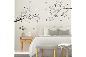 Runtoo Decalcomanie artistiche da parete con rami di albero, uccelli neri, foglie, adesivi da parete per camera da letto, soggiorno, cameretta dei bambini