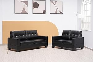 SOFAHEAVEN Cube -Black Bonded Leather 3+2 Seater Sofa Set- Highback Fabric Couch Living Room Furniture - 3 Seater settee - 2 Seater sofas & couches (Black, 3+2 Seater Sofa)