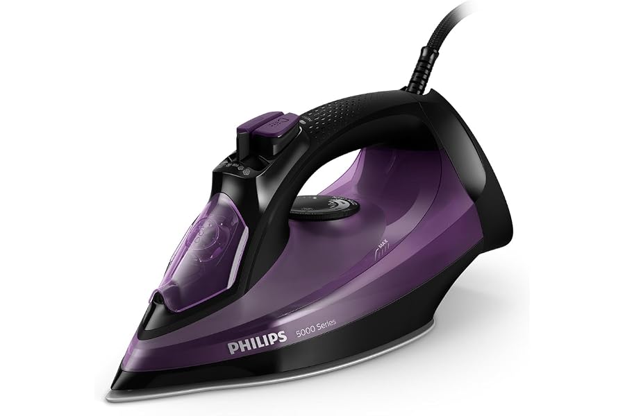 Philips Domestic Appliances 5000 Series Steam Iron - 2400W, Steam 45 g/min, Steam Boost 180 g, Vertical Ironer, SteamGlide Plus Plate, Black/Purple (DST5030/80)