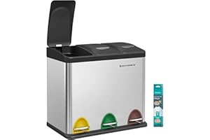 SONGMICS Poubelle Cuisine, Poubelle de Tri 3 x 8L, Petit Volume, Couvercles, Poubelle Triple en Acier, pour Petites Familles, Pédales et Seaux, Facile à Nettoyer, Argent et Noir LTB24L