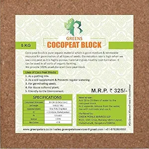 Greens Compressed Cocopeat Block, 5Kg (Expands Up to 75 litres of Cocopeat Powder)