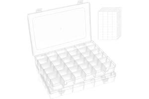 FFowcye 2 Packs 36 Grids Craft Storage Box and Organisers with Compartments, Clear Plastic Bead Storage Boxes with Dividers, Small Parts Organiser for Rock Screw Lego Seed Washi Tape