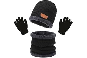 XNIVUIS 3 Piezas Negro Juego de Guantes Bufanda Gorro para Niños,Gorro de Punto Bufanda de Lana Calentador de Cuello Guantes de Punto con Pantalla para Niños 3-10 años