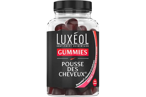 Luxéol - Gummies Pousse Cheveux - Complément Alimentaire - Stimule Le Bulbe Capillaire - Plante, Minéraux, Vitamines - Arôme Fraise, Sans Sucres - Fabriqué En France - Programme 1 mois - 60 Gummies