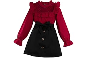 ES-UK Girls Skirt and Top Set: Long Sleeve Frill Neck Swiss Dot Red Top & Black Skirt - Perfect Girls Party Dress for Ages 7-12, Ideal Kids Clothes & Outfits