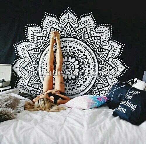 indischen Lotus Gobelin Wandbehang, Decke Bohemian Betten double, Mandala Beach, Gypsy Art Wand, Psychedelic Home Decor, schwarz und weiß Stickset, Ethnische Werfen - 2