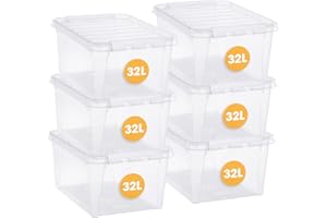 SmartStore Cajas de almacenamiento de plástico transparente de 32 L con tapas, juego de 6, transparentes, apilables y encajables, aptas para alimentos y sin BPA, cierre de clip blanco, 50 x 39 x 26