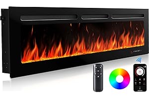 Silonn 50″/127cm Electric Fireplace, 900W - 1800W Heat Output, Ultra-Slim Wall-Mounted or Recessed Electric Fireplace Inserts with App & Remote Control, Timer, 20 Flame Colors（Black)