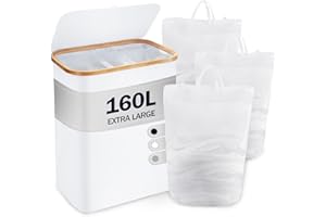 YOUDENOVA Kosz na Pranie z Pokrywką - 3 Przegródki, 160 l, Składany Sortownik z 3 Workami, Duży, Wysoki, Biały - Drewno, Bambus