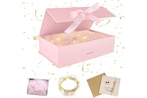 YEAHBOOM Geschenkbox mit Deckel, Geschenkbox mit Schleifen, Faltbare Geschenkboxs, Geschenkkarton mit Magnetisch, Grußkarten, Raffia Hamper Shreds, LED-Lichterkette, für Hochzeit Geburtstag Weihnachten
