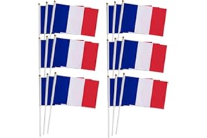 HOLLYLIFE 30 Pièces Petit Drapeau Français avec Baton Drapeau Tricolore Bleu Blanc Rouge Tenus à manivelle Fanions pour Fête défilés matchs de football événement sportif Jardin Décoration de bar 21 x 14 cm
