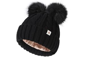 Creekstone Bobble Hat Satin Lined Winter Beanie Hats for Women Girls Warm Knit Hats with Faux Fur Double Pom Pom Ears
