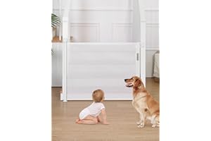 COMOMY Auto-lock Retractable Dog Gates for the House Extra Wide, 0-140cm Pet Gate for Kids, One Hand Operated Baby Gate for Stairs, Doorways, Hallways(White, 84cm Tall)