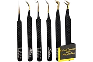 INSTEX Eyelash Tweezers Set of 6 PCS, Anti-Static Stainless Steel with Color Coated Firm Grip | Sharp Edge Classic Lash Tweezers for Volume & Fan Making Including Magnetic Safety Box (Black)