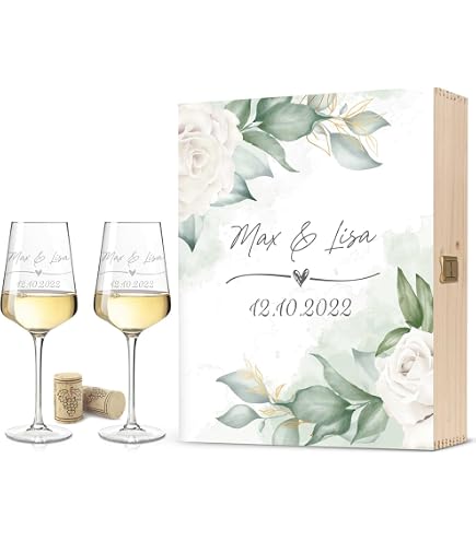 Graviertes Leonardo Weinglas – Flower Polygon Design, Personalisierbar, In Holzkiste, Hochzeitsgeschenk