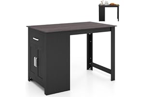 GiantexUK Rectangular Bar Table, Counter Height Table with Drawer, 3-Position Adjustable Shelf & 2 Doors, Wide Tabletop Wooden Dining Table for Home, Kitchen and Living Room (Black)