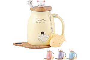 MENGCAT Geschenke für Frauen Katzen-Tasse Süße Keramik Kaffeetasse mit deckel,Edelstahl Löffel, Neuheit Morgen Cup Tee Milch Weihnachten Geschenke Teetasse mit Deckel und Sieb 380ML(Gelb)