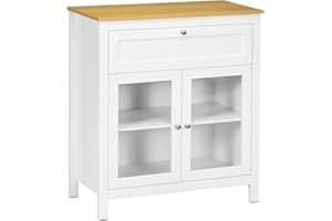 HOMCOM Aparador de Cocina Moderno Mueble Buffet Auxiliar con Cajón Estante Ajustable y 2 Puertas de Vidrio Armario de Almacenamiento para Salón Comedor 80x40x90 cm Blanco