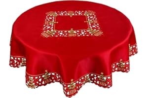 Grelucgo Embroidered Christmas Holiday Holly Tree Tablecloth (69 Inches Round Tablecloth)